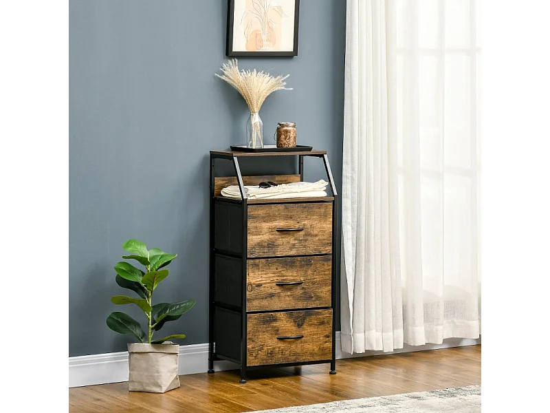 Armário de armazenamento de tecido e metal estilo industrial com 3 gavetas para sala de estar 44x29x92cm marrom