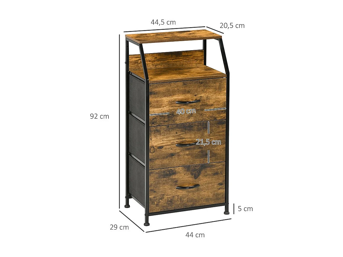 Armário de armazenamento de tecido e metal estilo industrial com 3 gavetas para sala de estar 44x29x92cm marrom