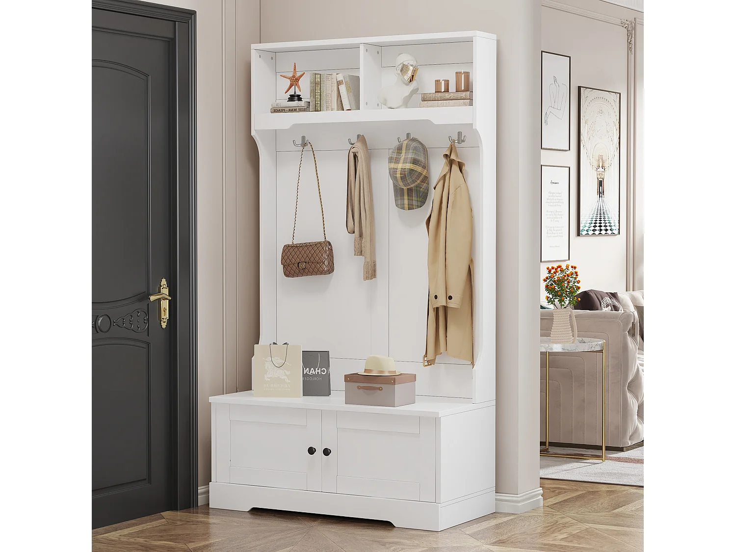 Mueble de entrada de madera blanca con banco de almacenaje, guardarropa, perchero 101x183 cm