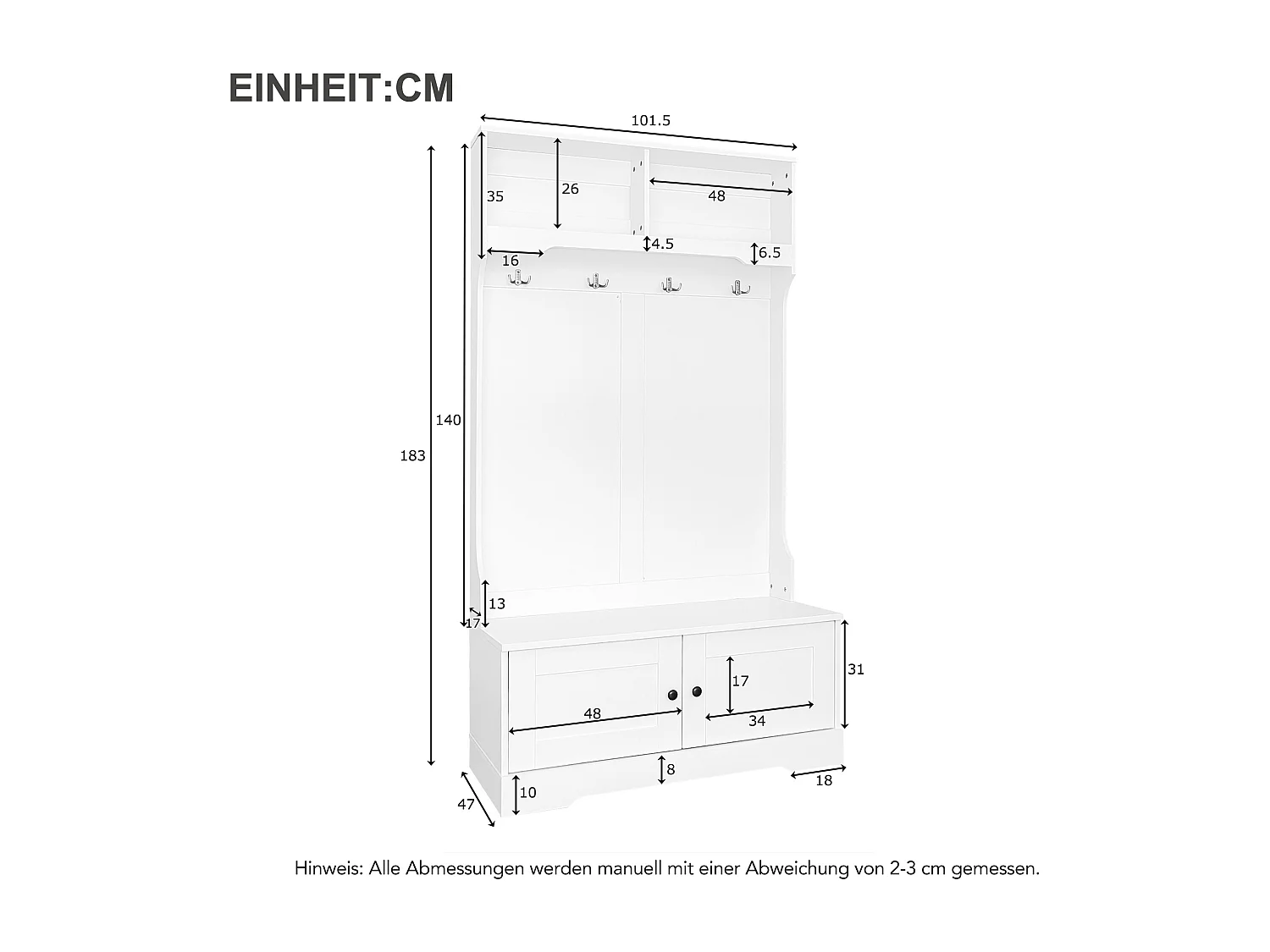 Mueble de entrada de madera blanca con banco de almacenaje, guardarropa, perchero 101x183 cm