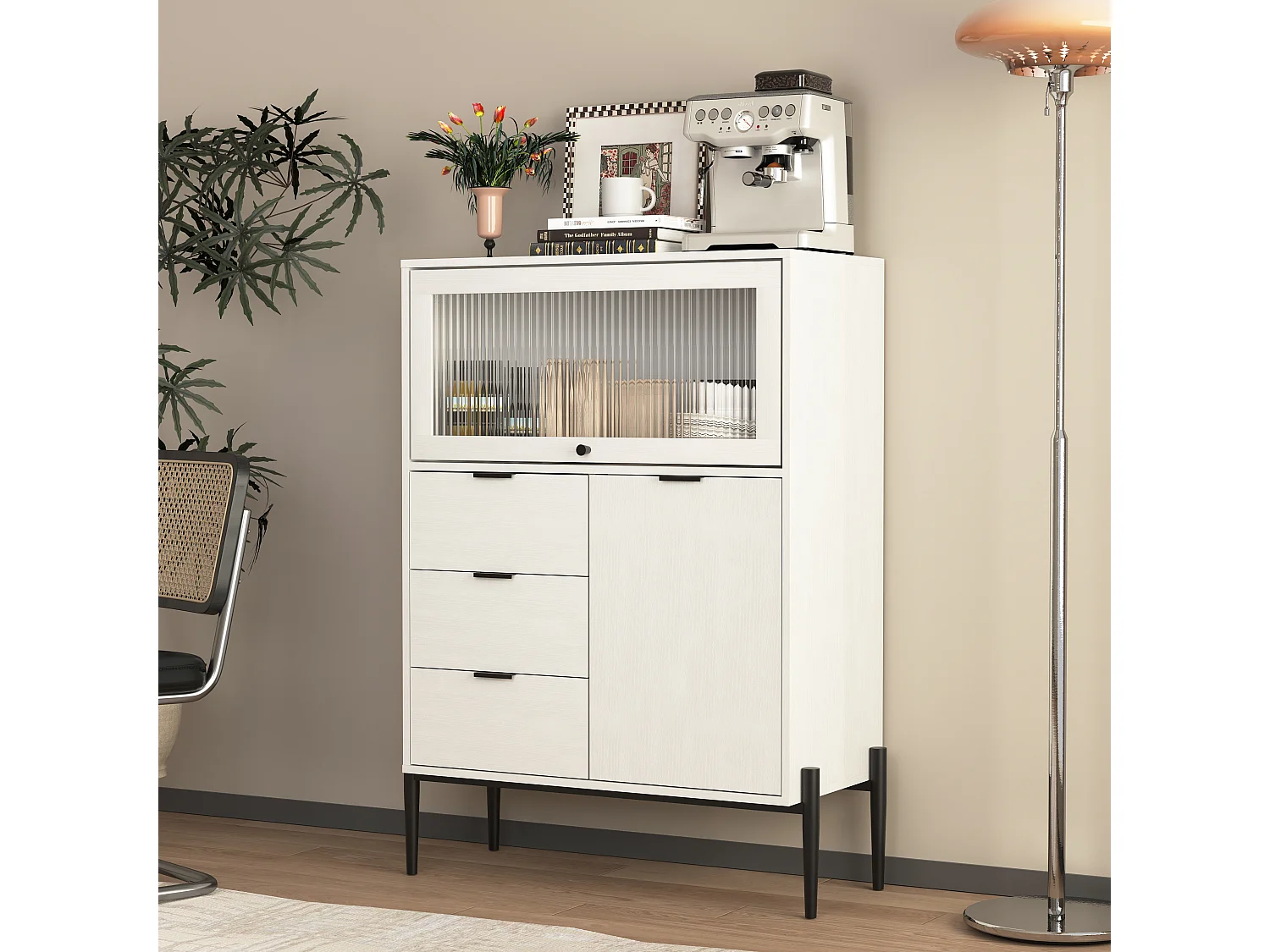 Buffet in legno con 3 cassetti, 1 porta e 1 porta vetrata per cucina, salone o antipasto 85x40x120 cm