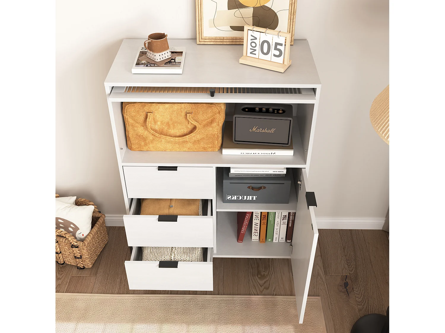 Buffet in legno con 3 cassetti, 1 porta e 1 porta vetrata per cucina, salone o antipasto 85x40x120 cm