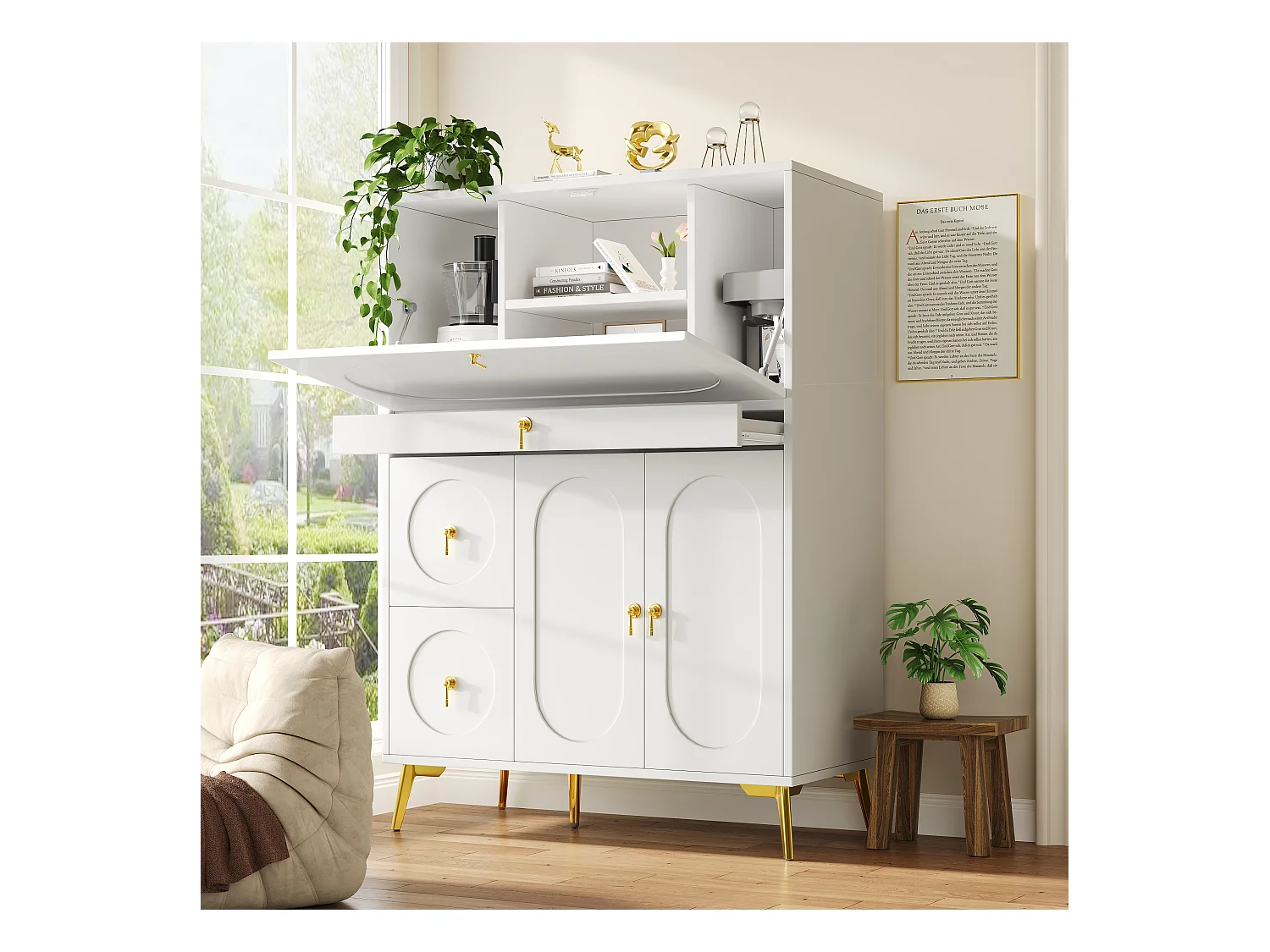 Buffet 2 Tiroirs MDF Falttüren 100x50x140cm Cuisine Salon Blanc