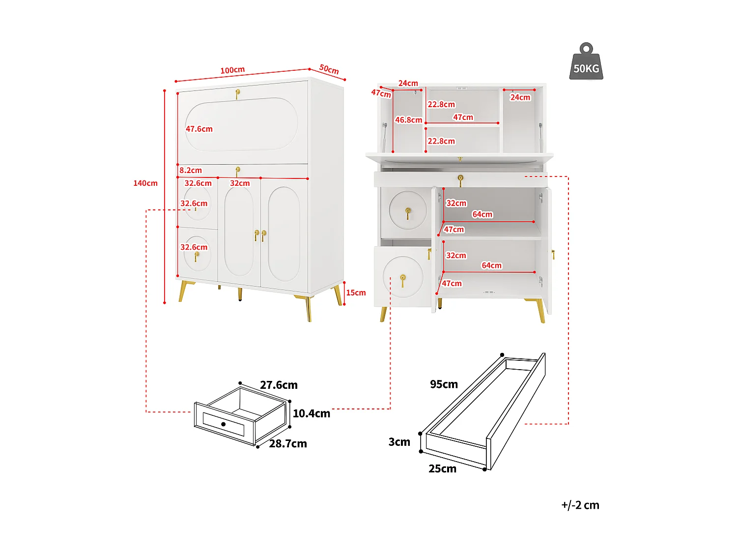Buffet 2 Tiroirs MDF Falttüren 100x50x140cm Cuisine Salon Blanc