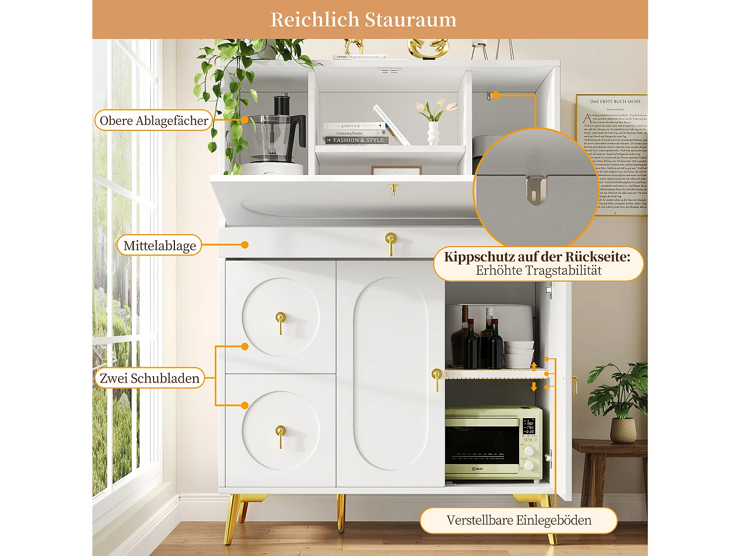 Buffet 2 Tiroirs MDF Falttüren 100x50x140cm Cuisine Salon Blanc