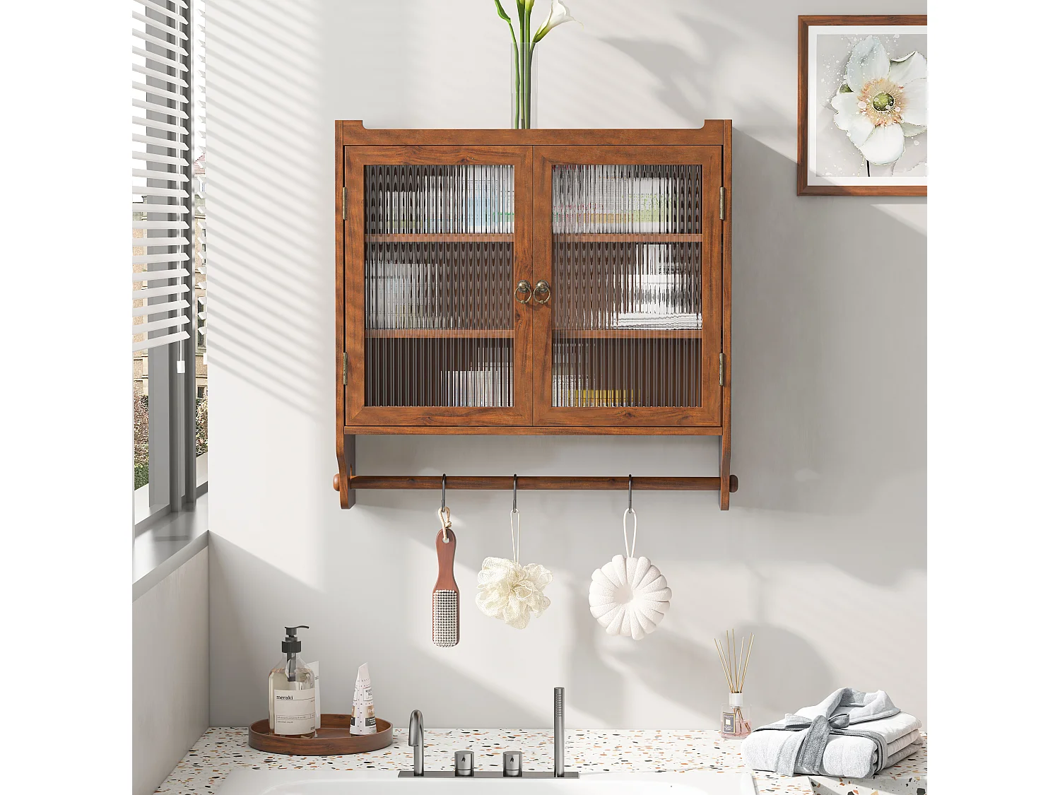 Meuble murale 63 cm doppia porta vitrée rangement vintage bois MDF verre pour salle de bain kitchen salon marron