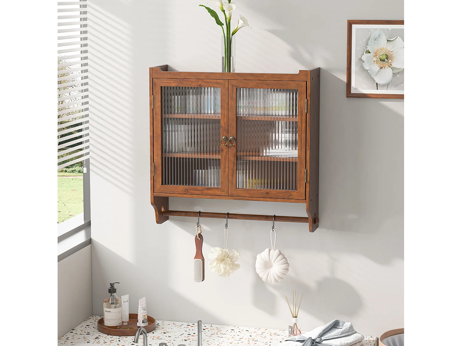 Meuble murale 63 cm doppia porta vitrée rangement vintage bois MDF verre pour salle de bain kitchen salon marron