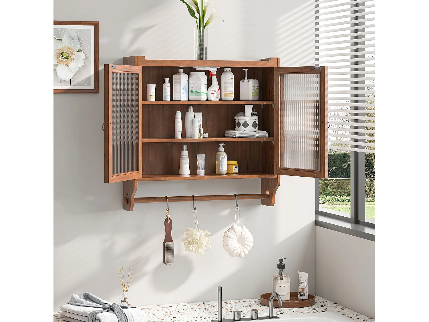 Meuble murale 63 cm doppia porta vitrée rangement vintage bois MDF verre pour salle de bain kitchen salon marron