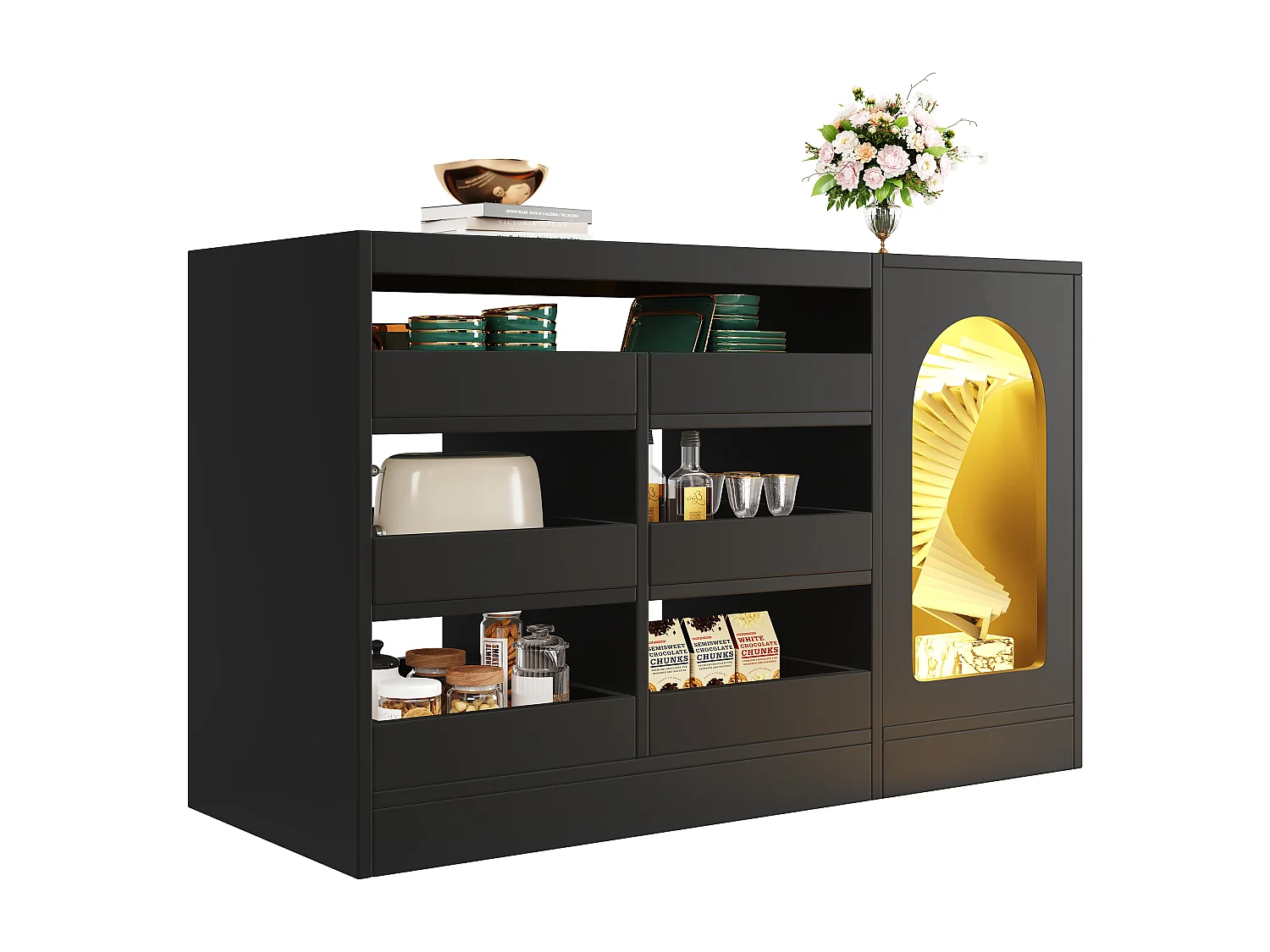 Aparador 6 Gavetas MDF LED 120x40x75cm Moderno Sala Quarto Preto