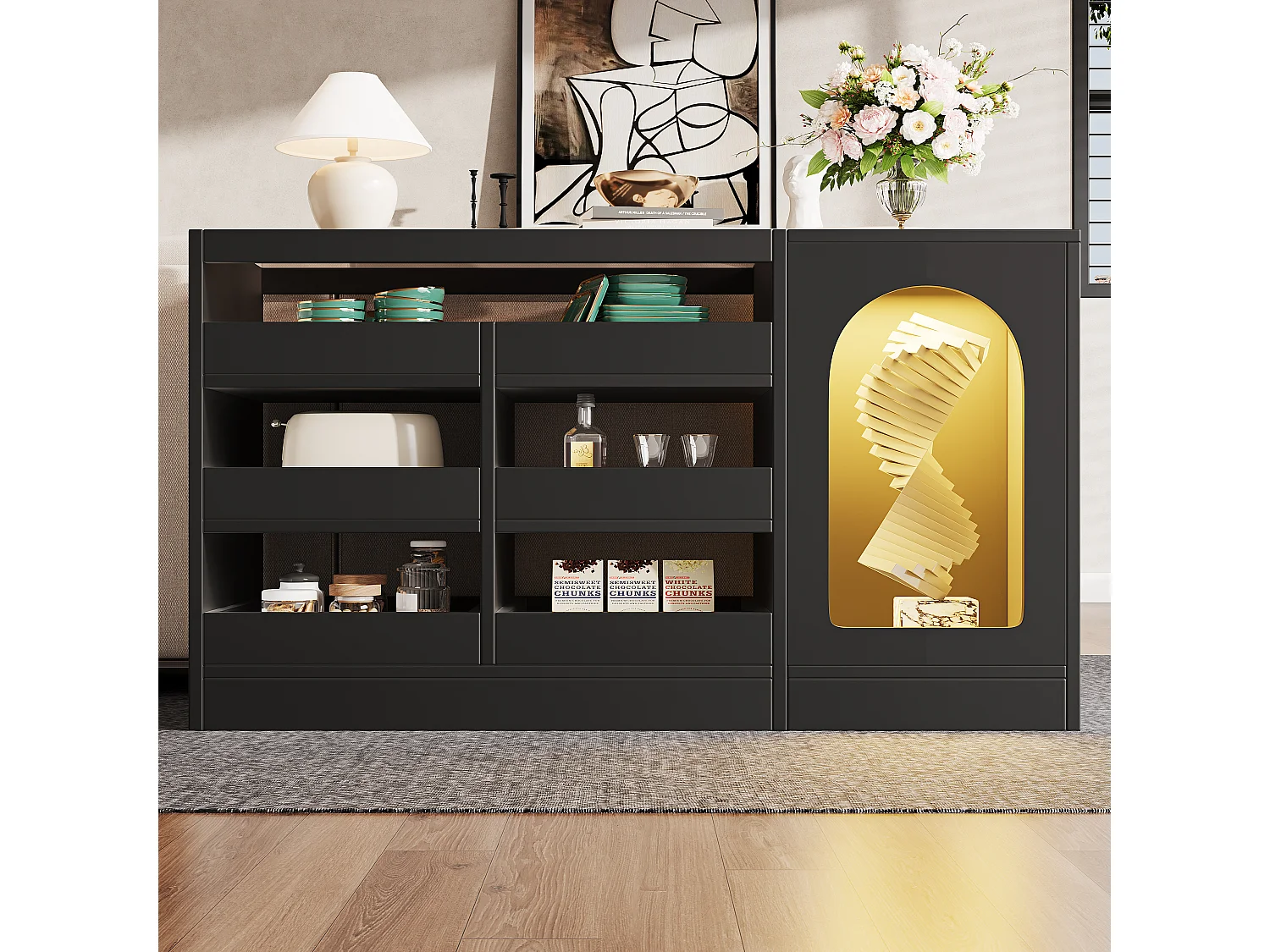 Buffet 6 ripiani MDF LED 120x40x75cm Moderne Salon Chambre Noir