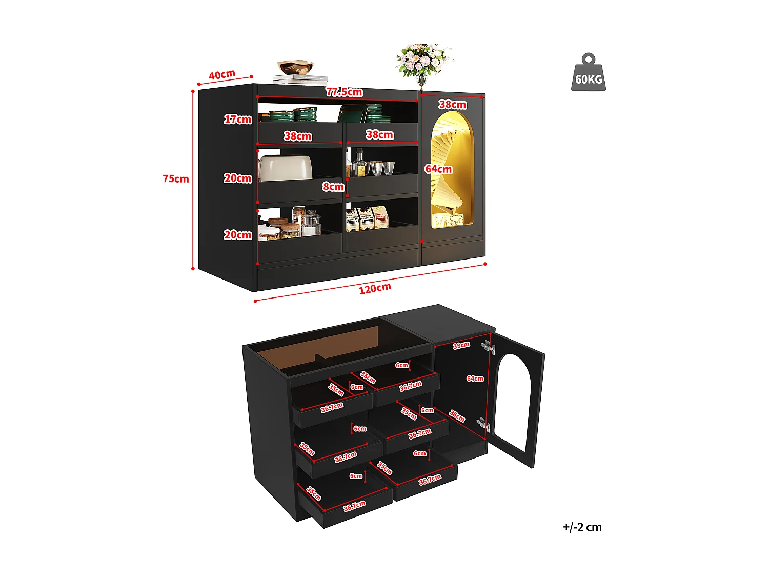 Buffet 6 ripiani MDF LED 120x40x75cm Moderne Salon Chambre Noir