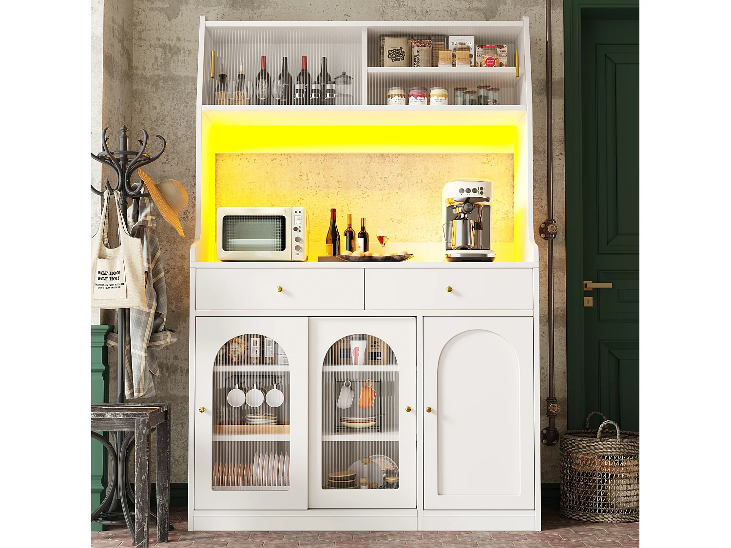 Aparador alto MDF LED 2 cajones estantes regulables cocina salón blanco 120 cm