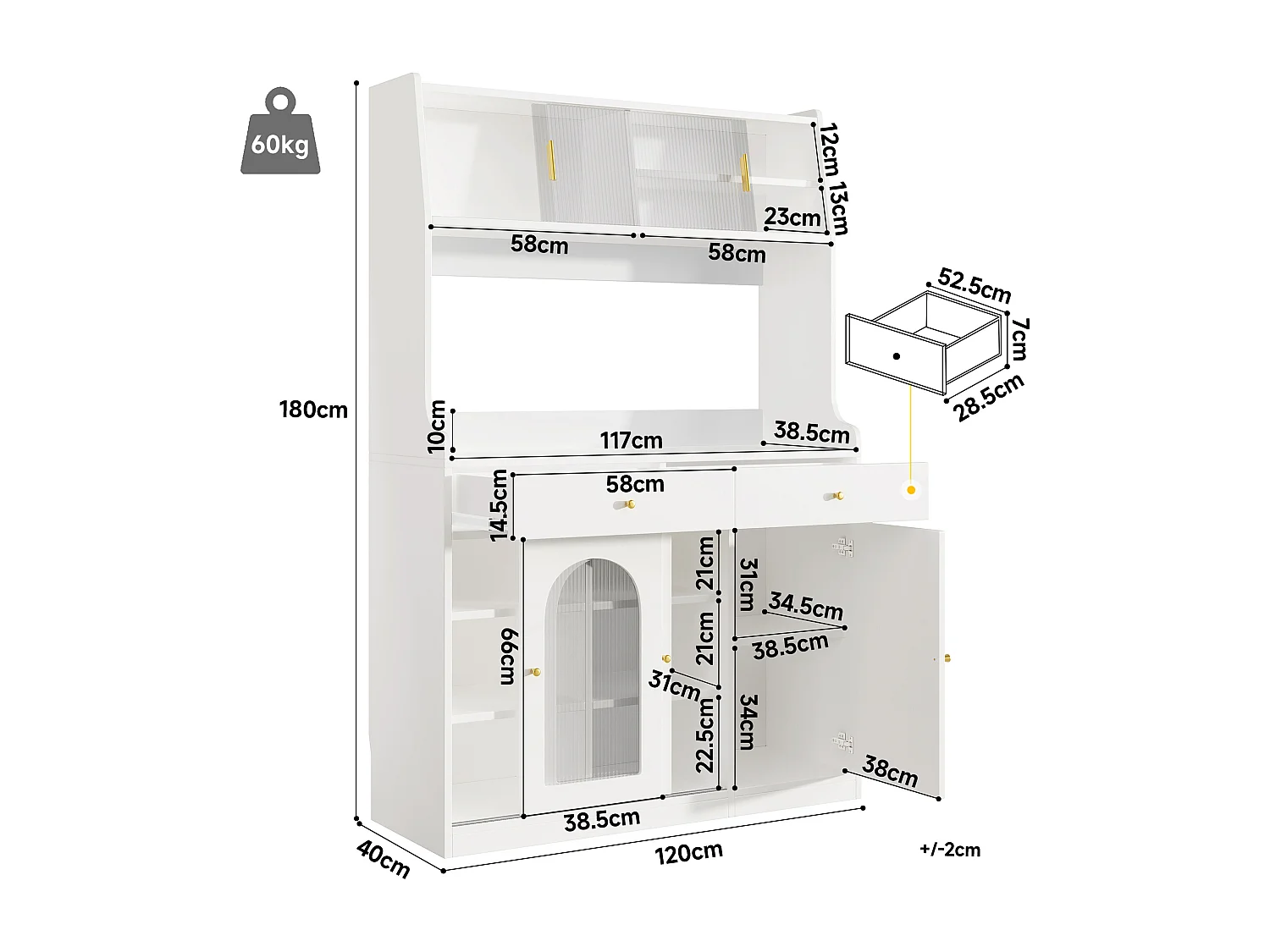 Aparador alto MDF LED 2 cajones estantes regulables cocina salón blanco 120 cm