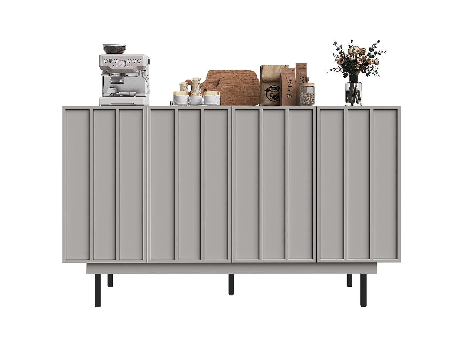 Buffet 4 Porte MDF Métal 140x38,5x82,5cm Salon Cuisine Gris