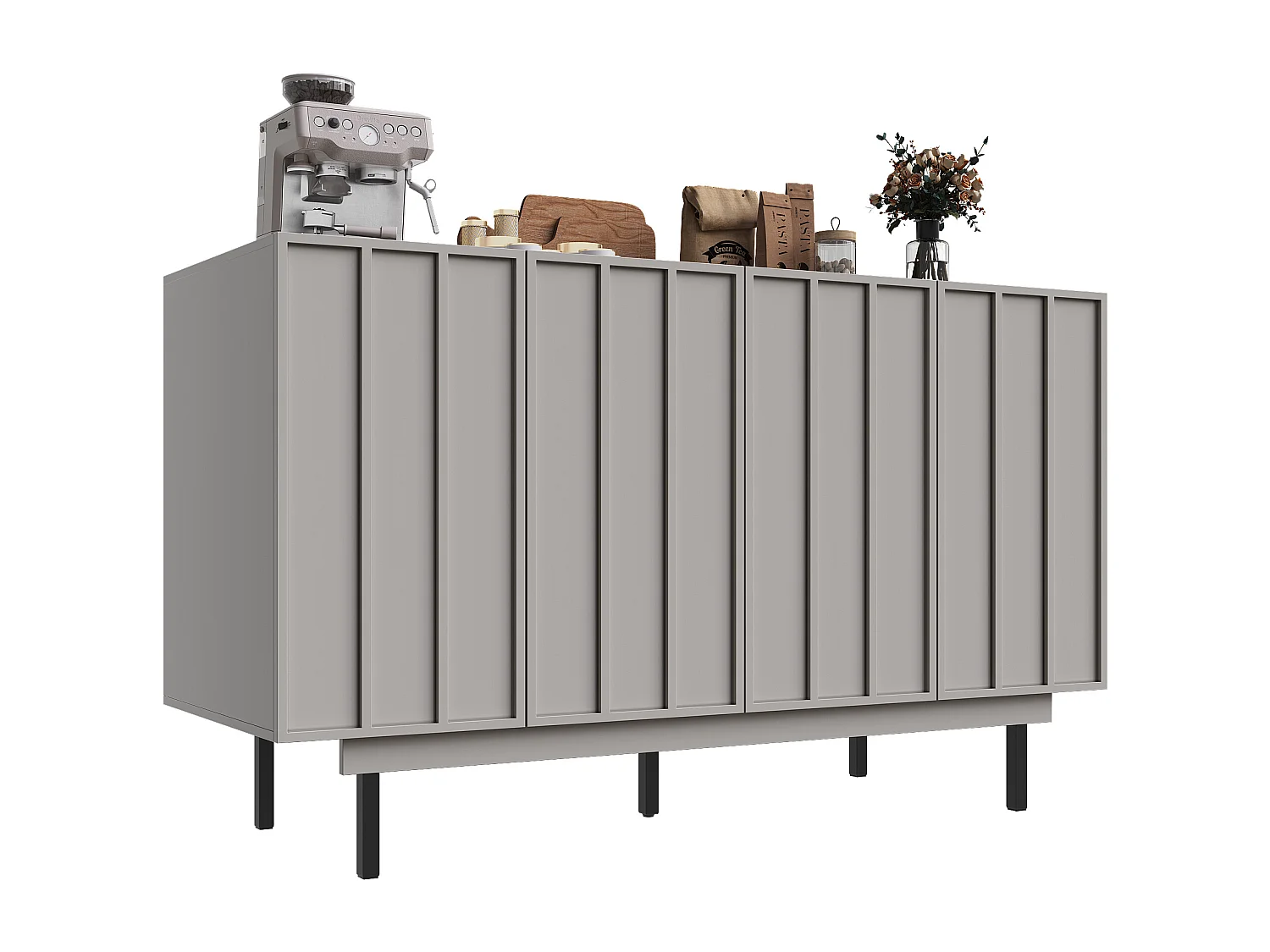 Aparador 4 Portas MDF Metal 140x38,5x82,5cm Sala Cozinha Cinza