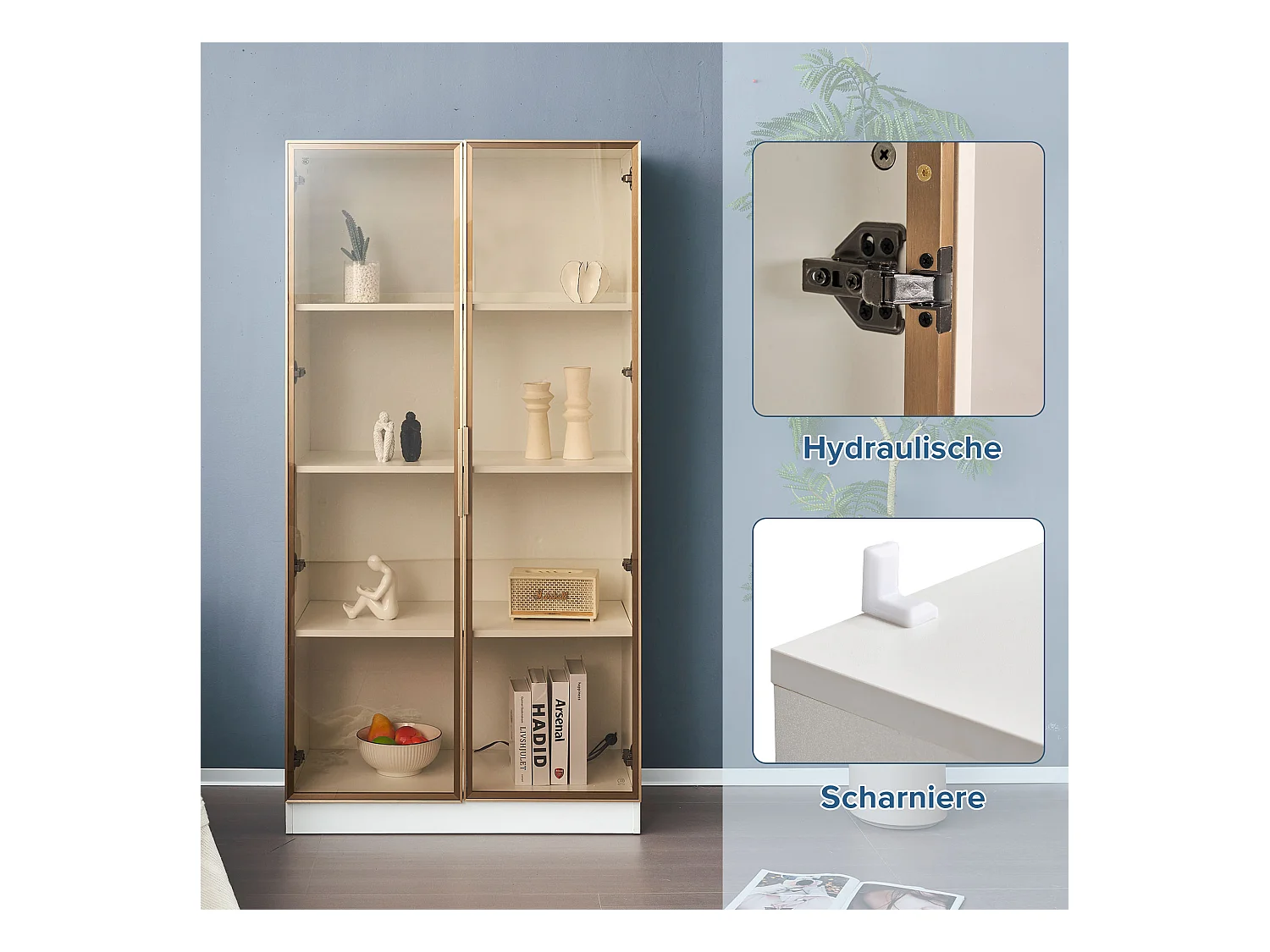 Vitrine LED branca de madeira e vidro para armazenamento, exposição 160x160 cm, sala de estar, escritório moderno