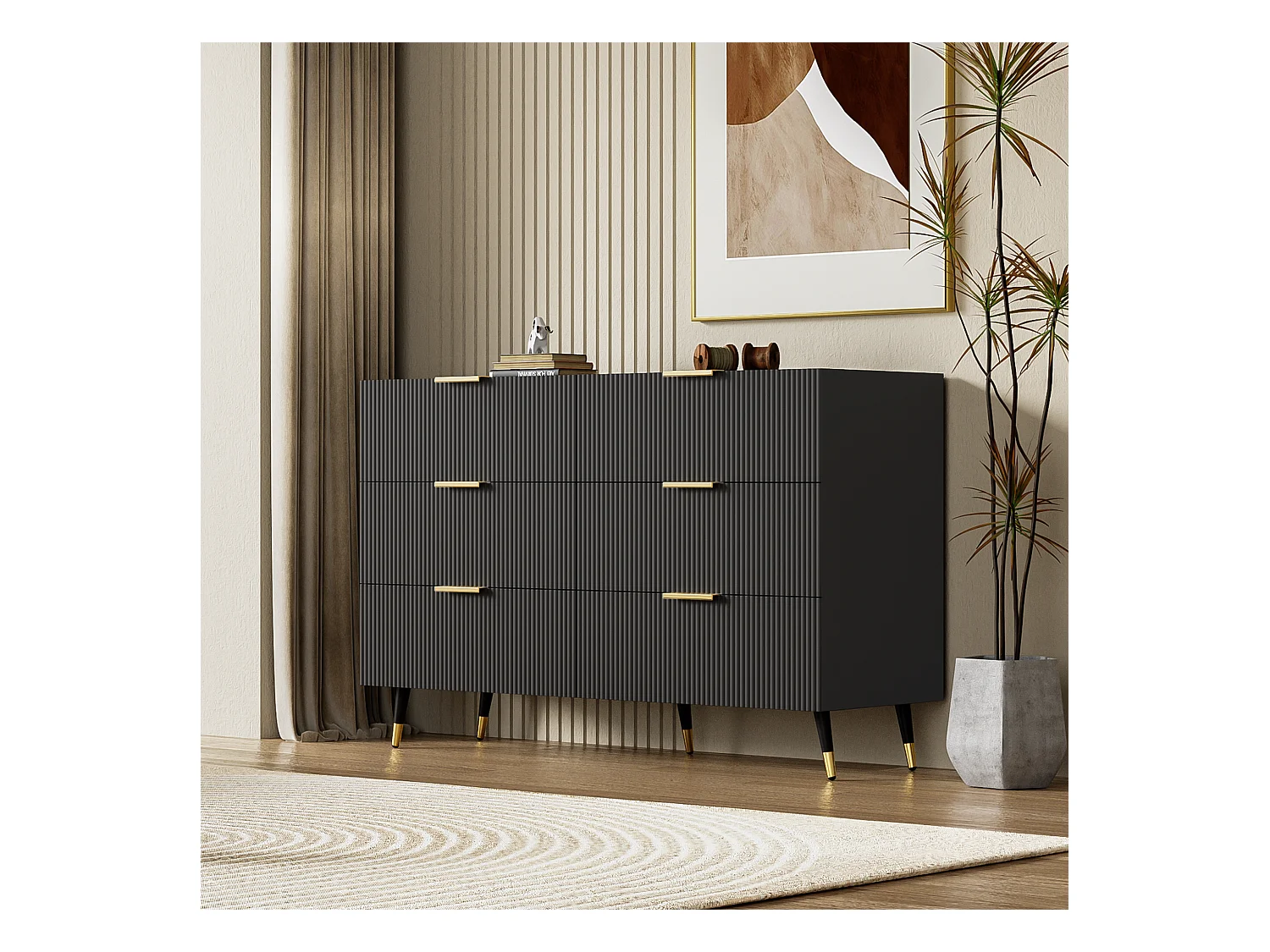 Aparador moderno de madeira com vários painéis, 6 gavetas, sala de estar, quarto, preto e dourado, 120x77x40 cm