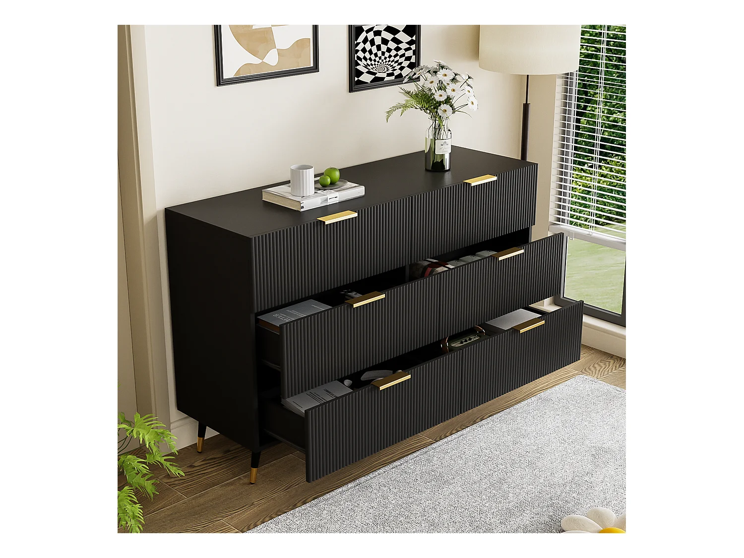 Aparador moderno de madeira com vários painéis, 6 gavetas, sala de estar, quarto, preto e dourado, 120x77x40 cm