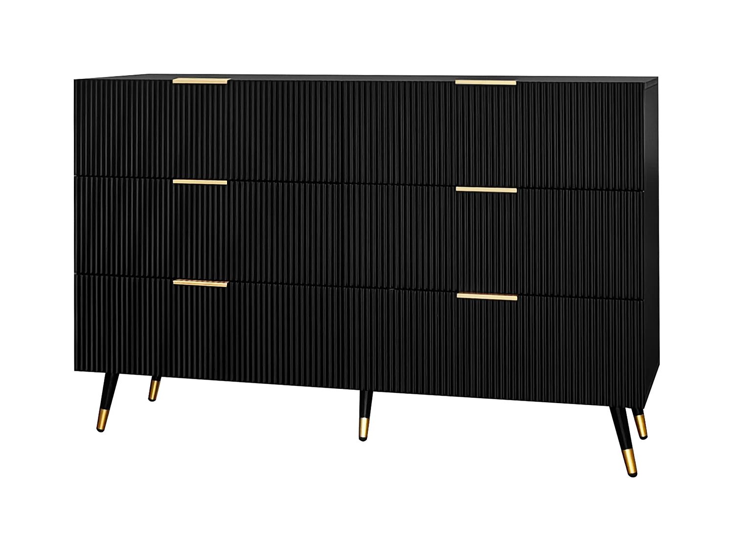 Aparador moderno de madeira com vários painéis, 6 gavetas, sala de estar, quarto, preto e dourado, 120x77x40 cm