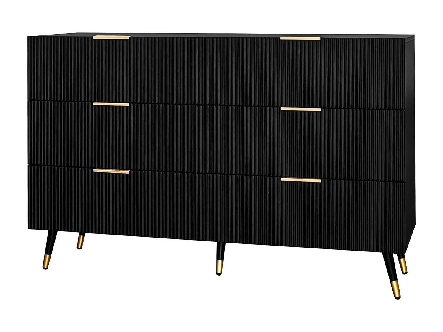Aparador moderno de madeira com vários painéis, 6 gavetas, sala de estar, quarto, preto e dourado, 120x77x40 cm