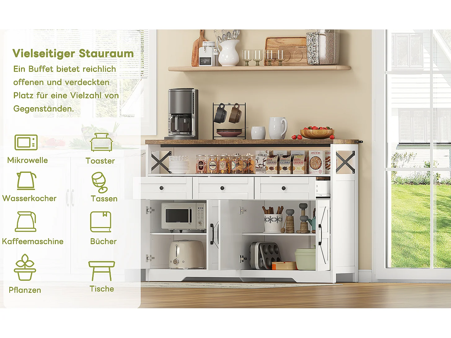 Aparador 140cm MDF 3 gavetas 2 portas armazenamento sala cozinha rústico branco marrom