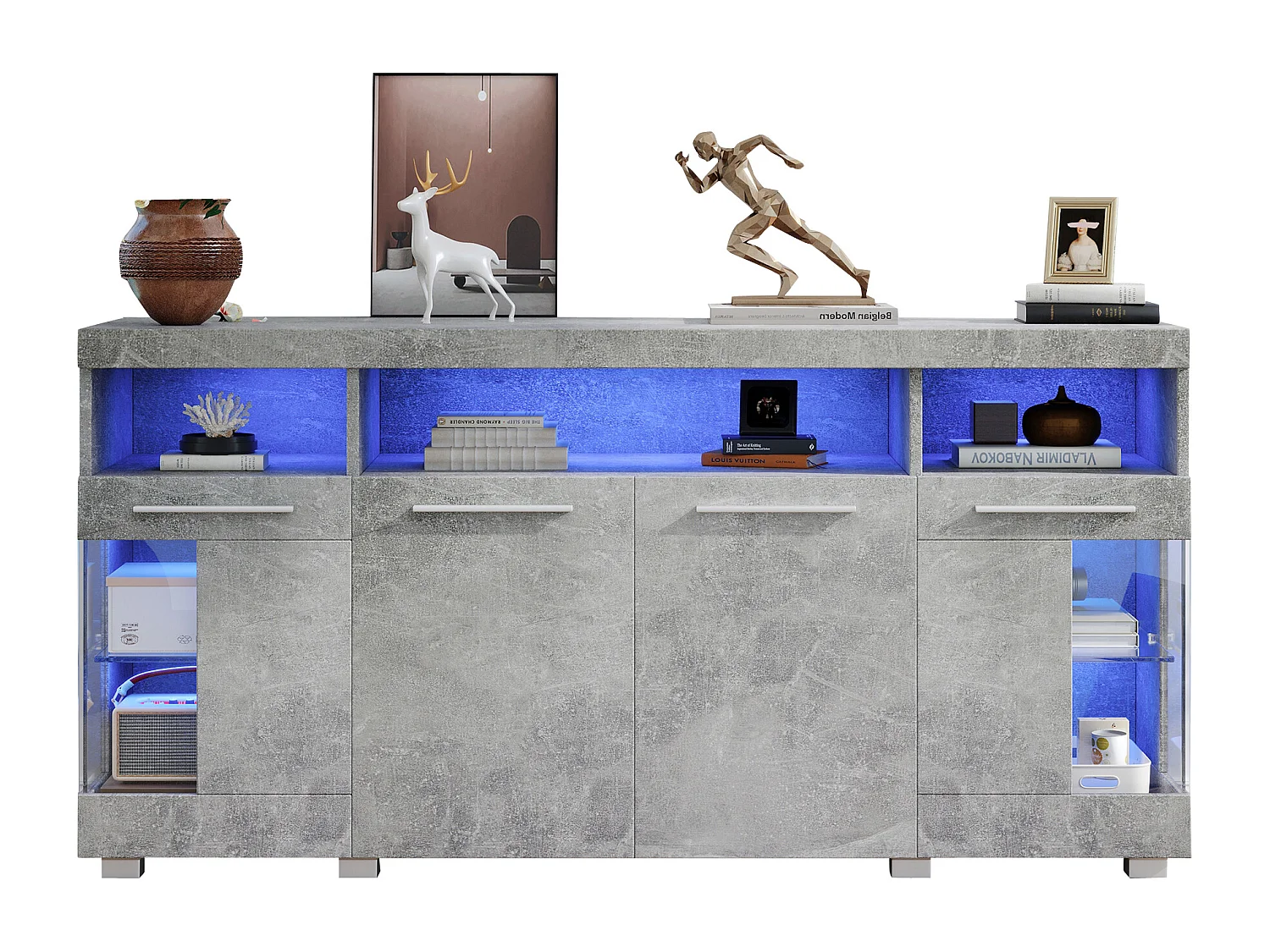 Aparador LED MDF 3 cajones cristal templado salón industrial gris cemento 140x40x70cm