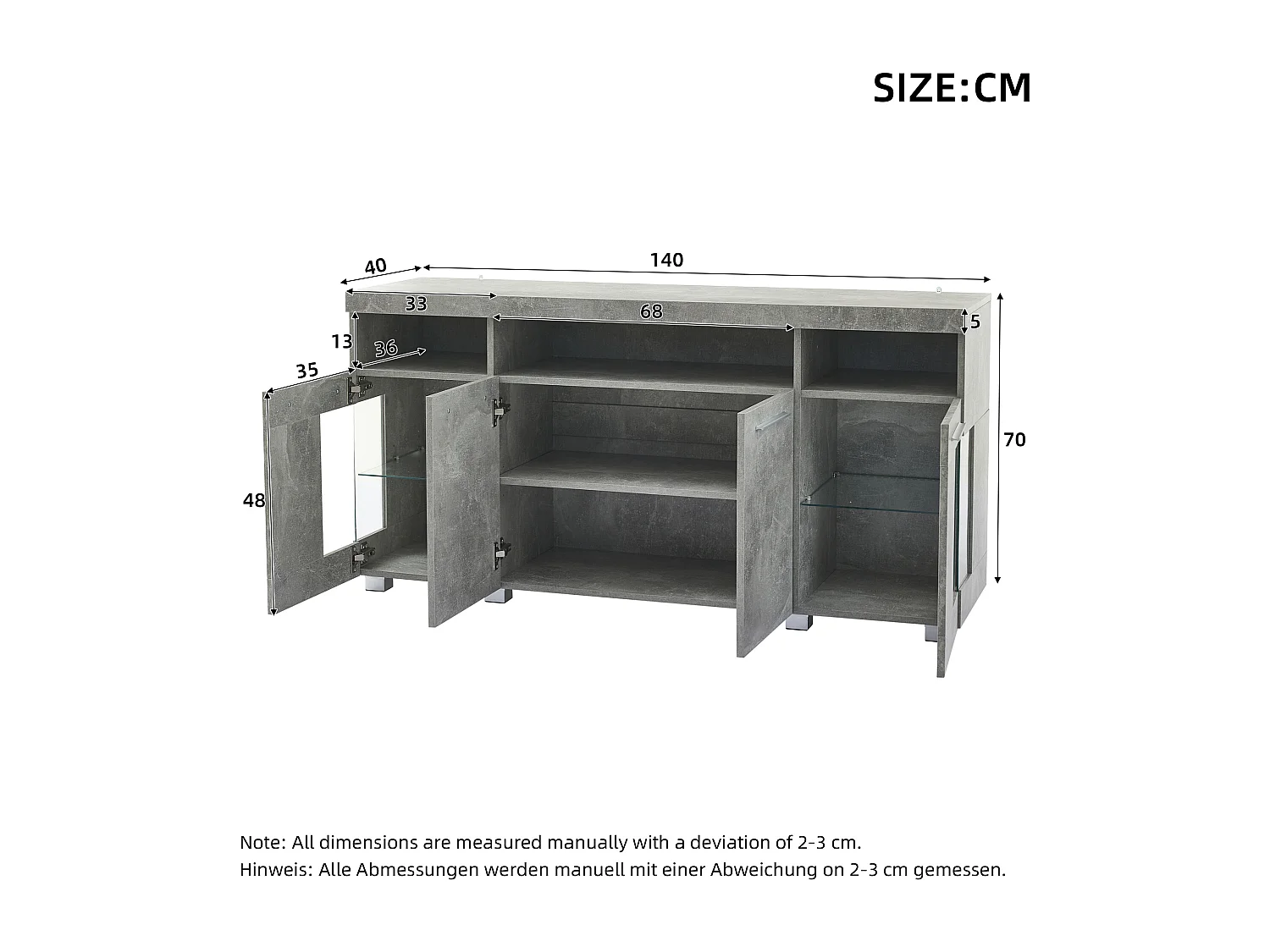 Aparador LED MDF 3 cajones cristal templado salón industrial gris cemento 140x40x70cm