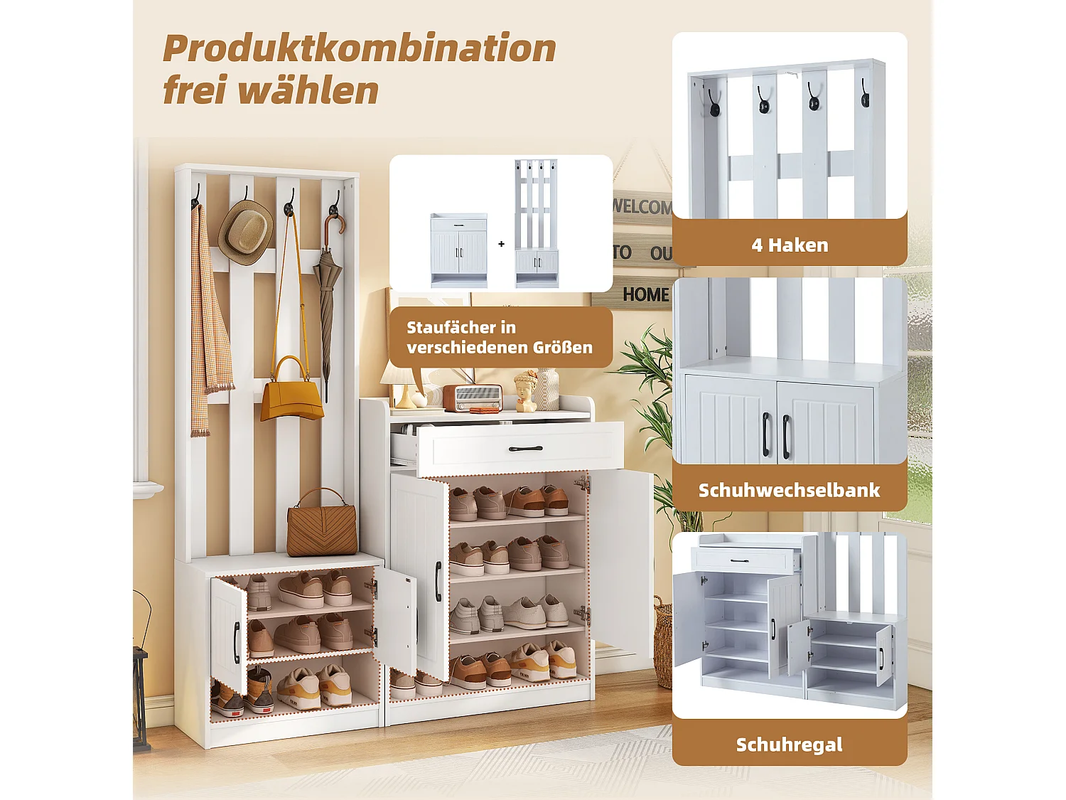 Móvel de entrada 3 em 1, banco de madeira com painel de armazenamento, cabideiro branco 140x32x180 cm