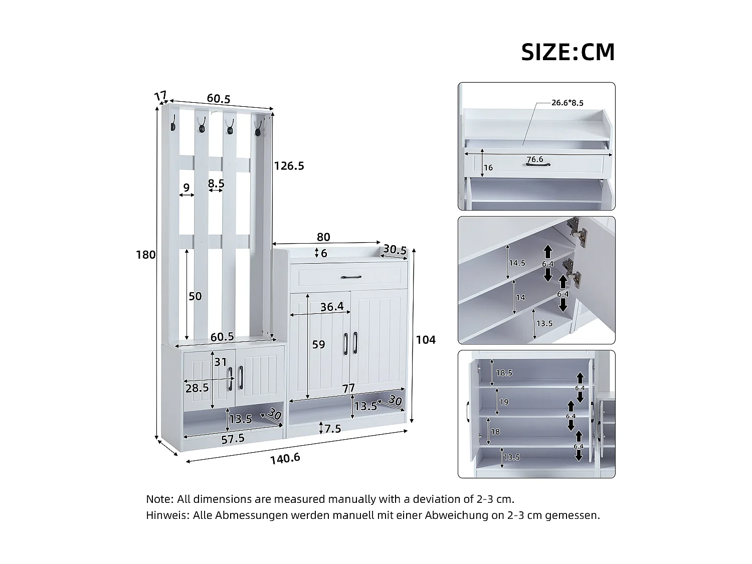 Móvel de entrada 3 em 1, banco de madeira com painel de armazenamento, cabideiro branco 140x32x180 cm