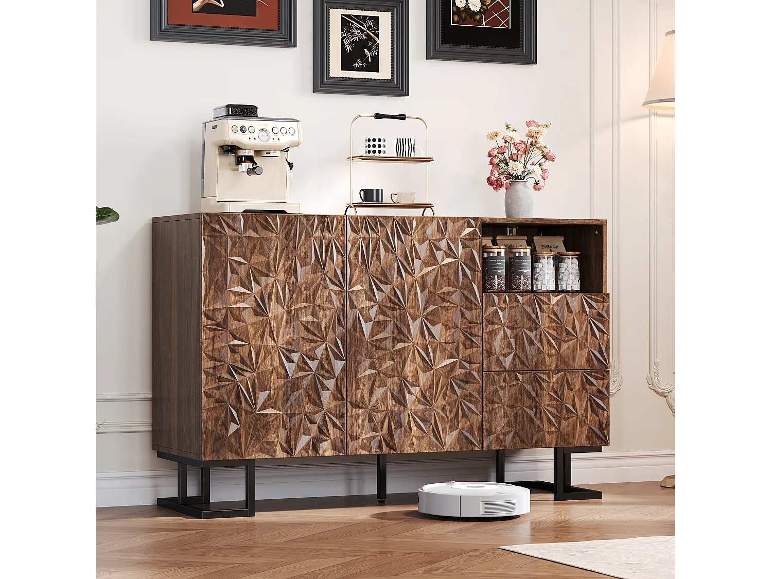 Buffet bois foncé avec tiroirs et portes métal meuble de rangement salon séjour 120x40x78,5cm