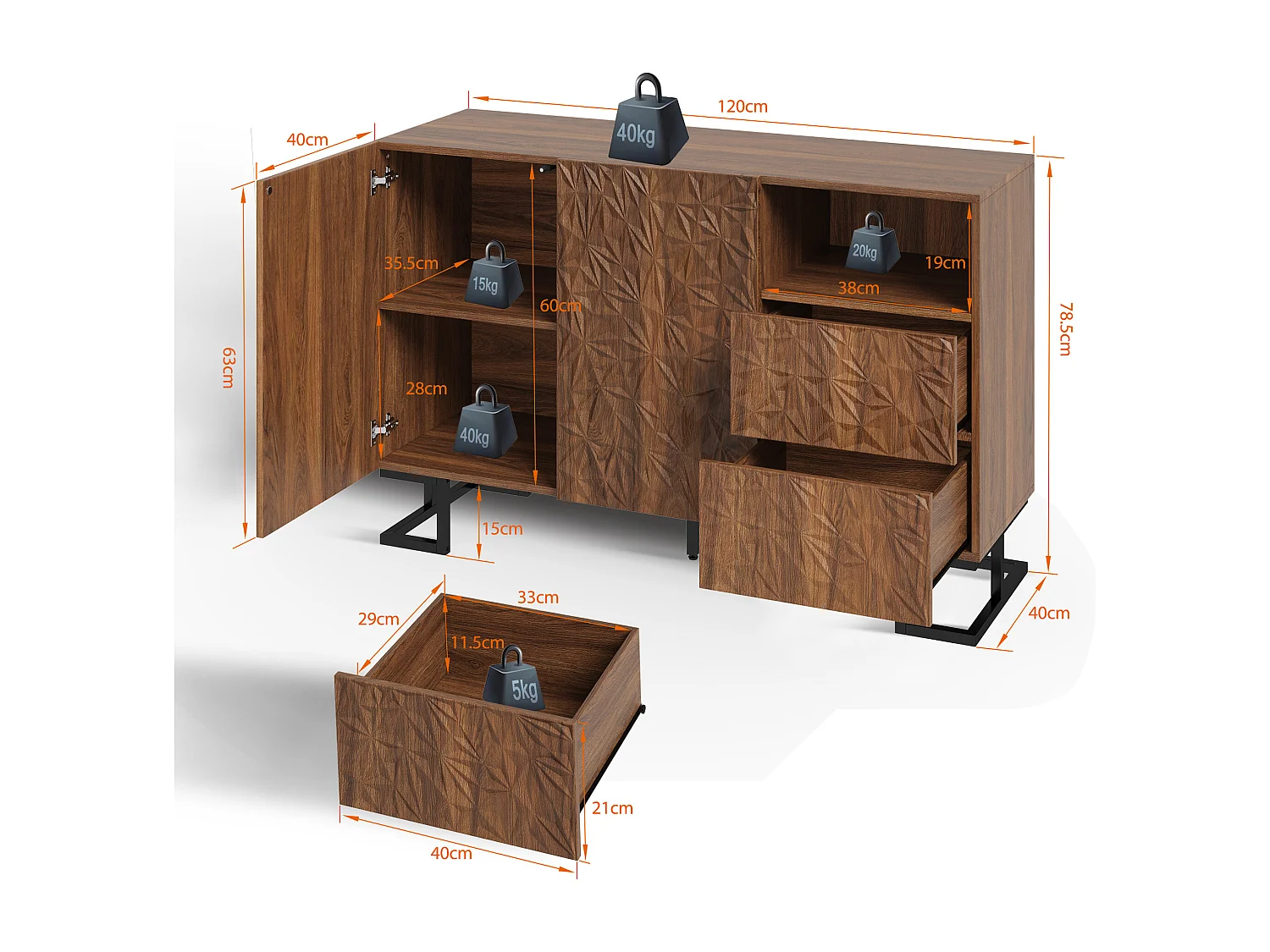 Buffet bois foncé avec tiroirs et portes métal meuble de rangement salon séjour 120x40x78,5cm