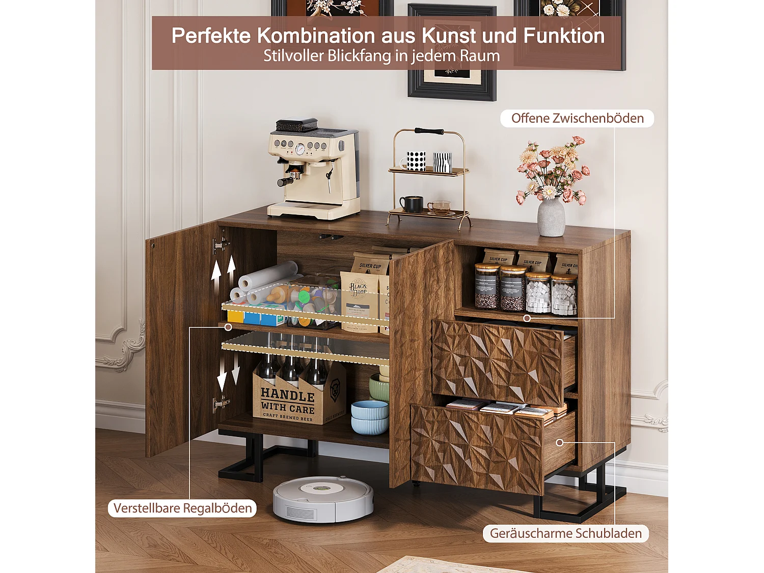 Buffet bois foncé avec tiroirs et portes métal meuble de rangement salon séjour 120x40x78,5cm