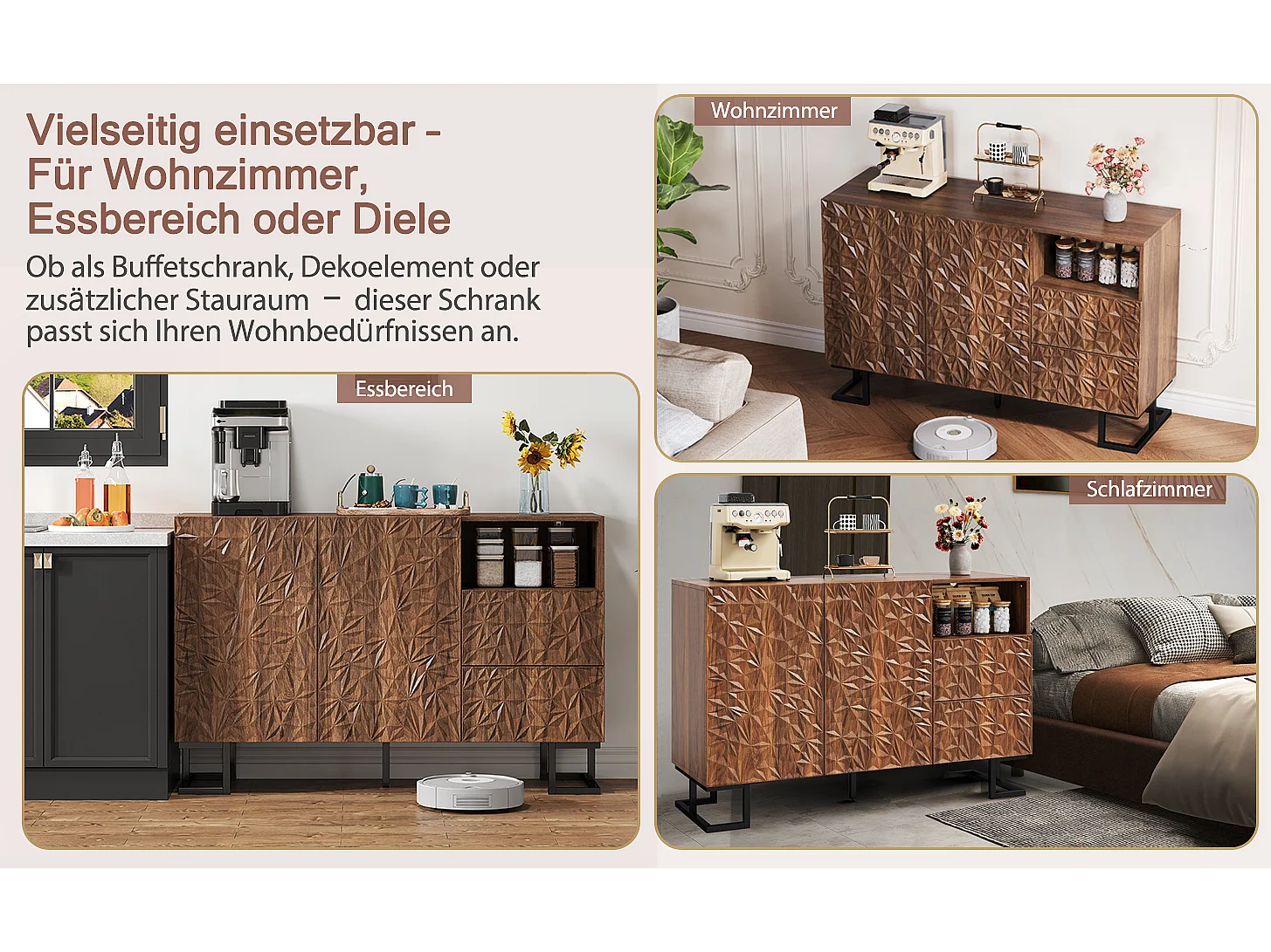 Buffet bois foncé avec tiroirs et portes métal meuble de rangement salon séjour 120x40x78,5cm