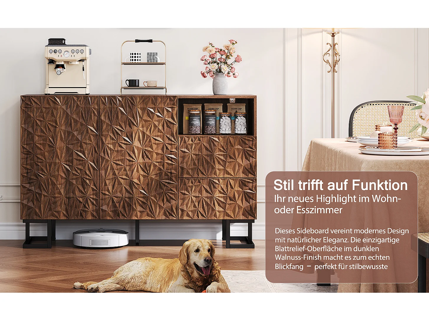 Buffet bois foncé avec tiroirs et portes métal meuble de rangement salon séjour 120x40x78,5cm