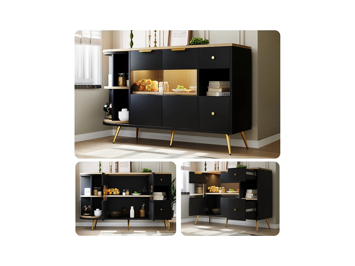 Aparador MDF 130x40x80 cm preto LED com portas de correr de vidro armazenamento sala cozinha