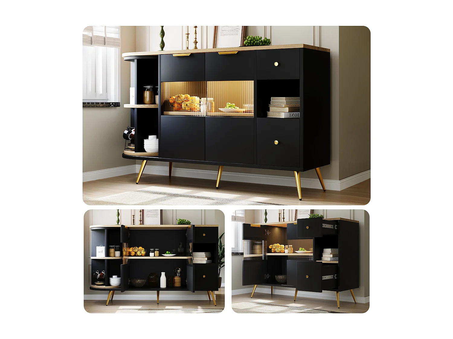 Aparador MDF 130x40x80 cm preto LED com portas de correr de vidro armazenamento sala cozinha