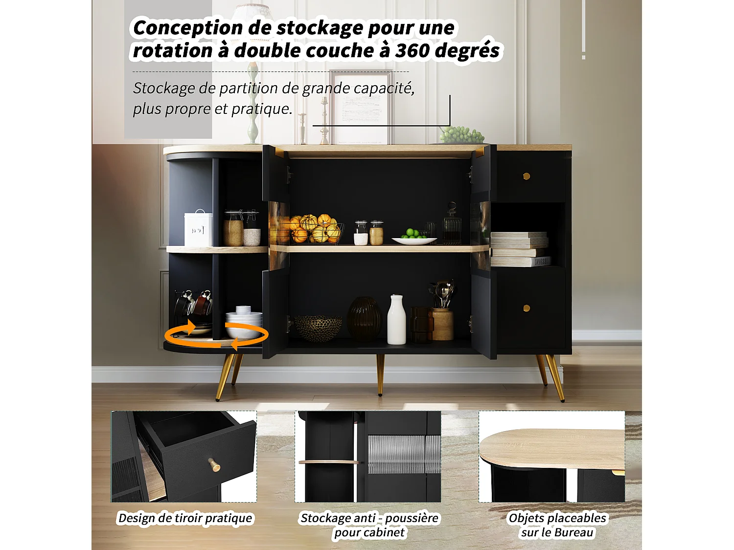 Aparador MDF 130x40x80 cm preto LED com portas de correr de vidro armazenamento sala cozinha