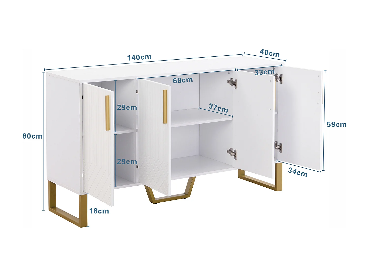 Buffet bianco 140 cm MDF 4 porte design géométrique métal salon séjour moderne