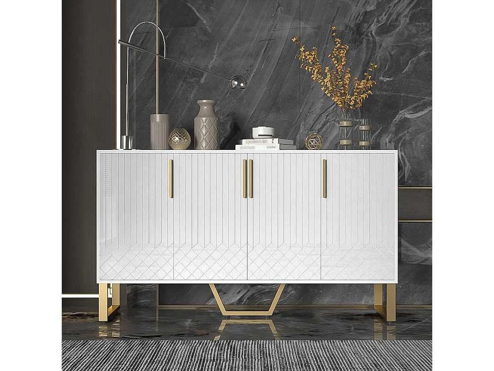 Buffet bianco 140 cm MDF 4 porte design géométrique métal salon séjour moderne