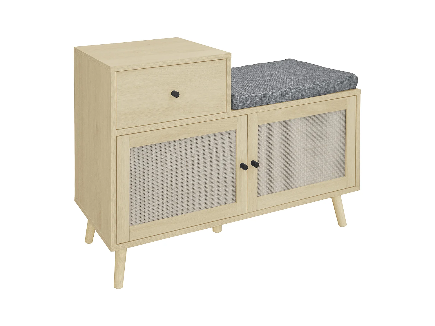 Banco para sapatos em aglomerado com 2 portas e gavetas em rattan, assento acolchoado, 90 x 35 x 65 cm