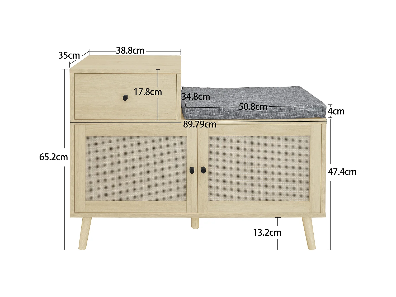 Banco para sapatos em aglomerado com 2 portas e gavetas em rattan, assento acolchoado, 90 x 35 x 65 cm