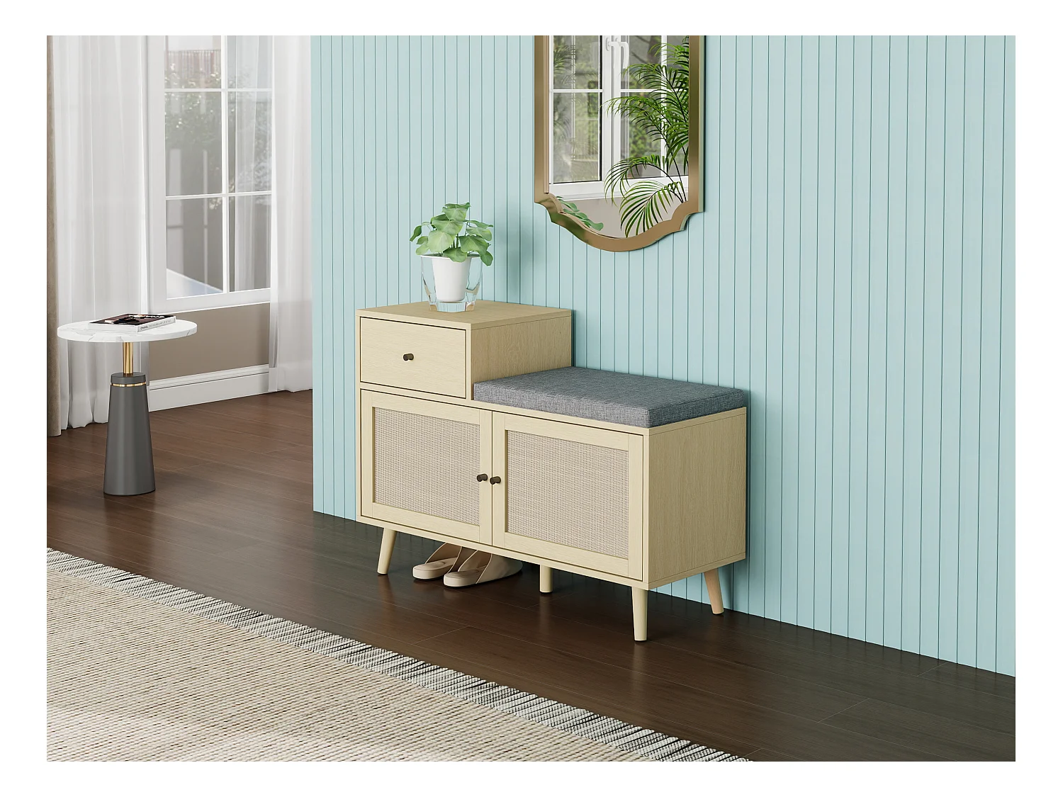 Banco para sapatos em aglomerado com 2 portas e gavetas em rattan, assento acolchoado, 90 x 35 x 65 cm