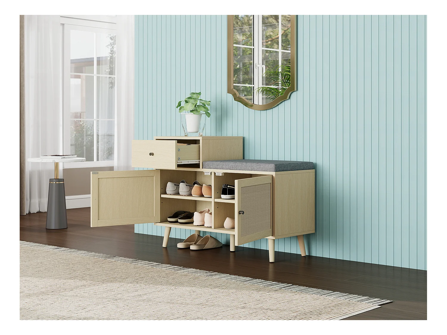 Banco para sapatos em aglomerado com 2 portas e gavetas em rattan, assento acolchoado, 90 x 35 x 65 cm