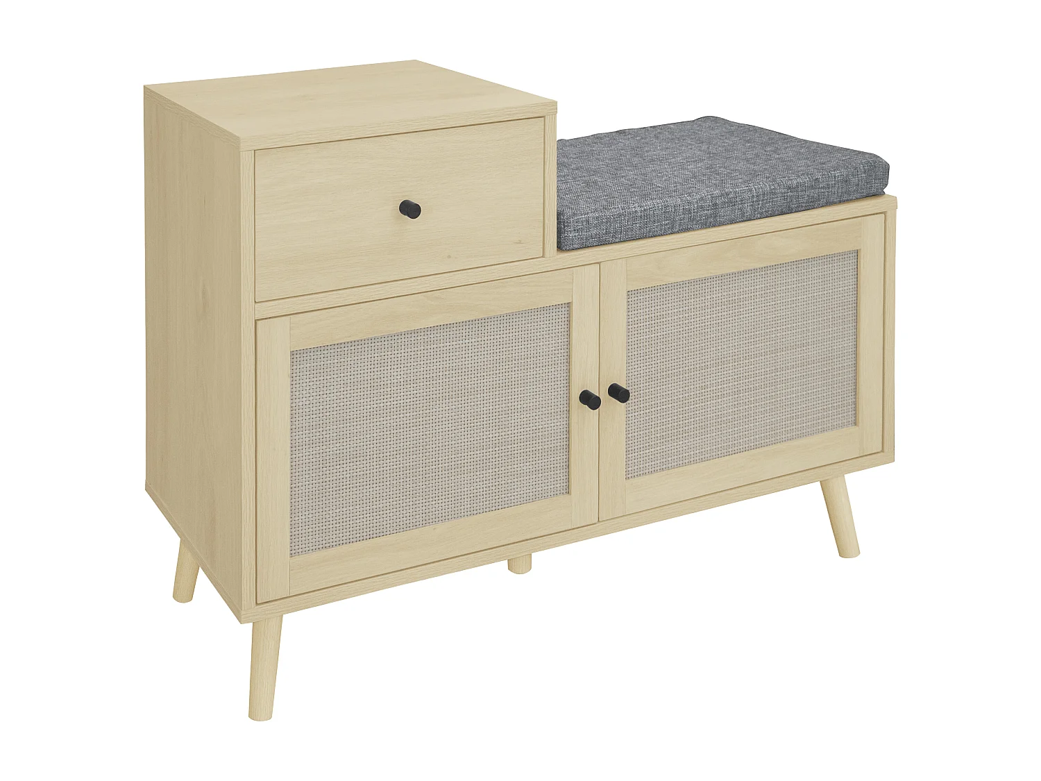 Banco zapatero de aglomerado con 2 puertas y cajones de ratán, asiento acolchado, 90 x 35 x 65 cm