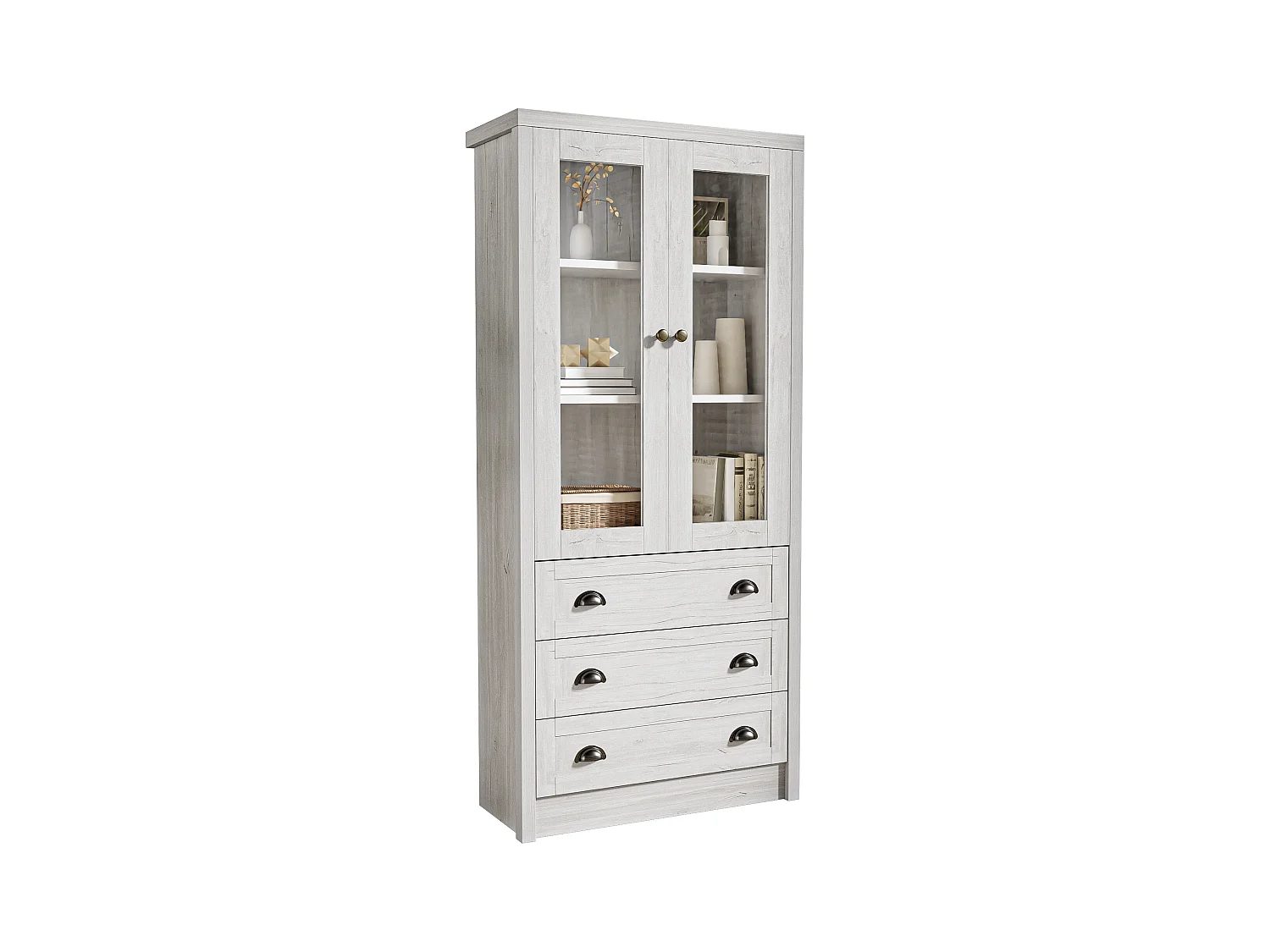 Aparador alto em madeira MDF com portas de vidro 3 gavetas sala escritório 80x34x171 cm