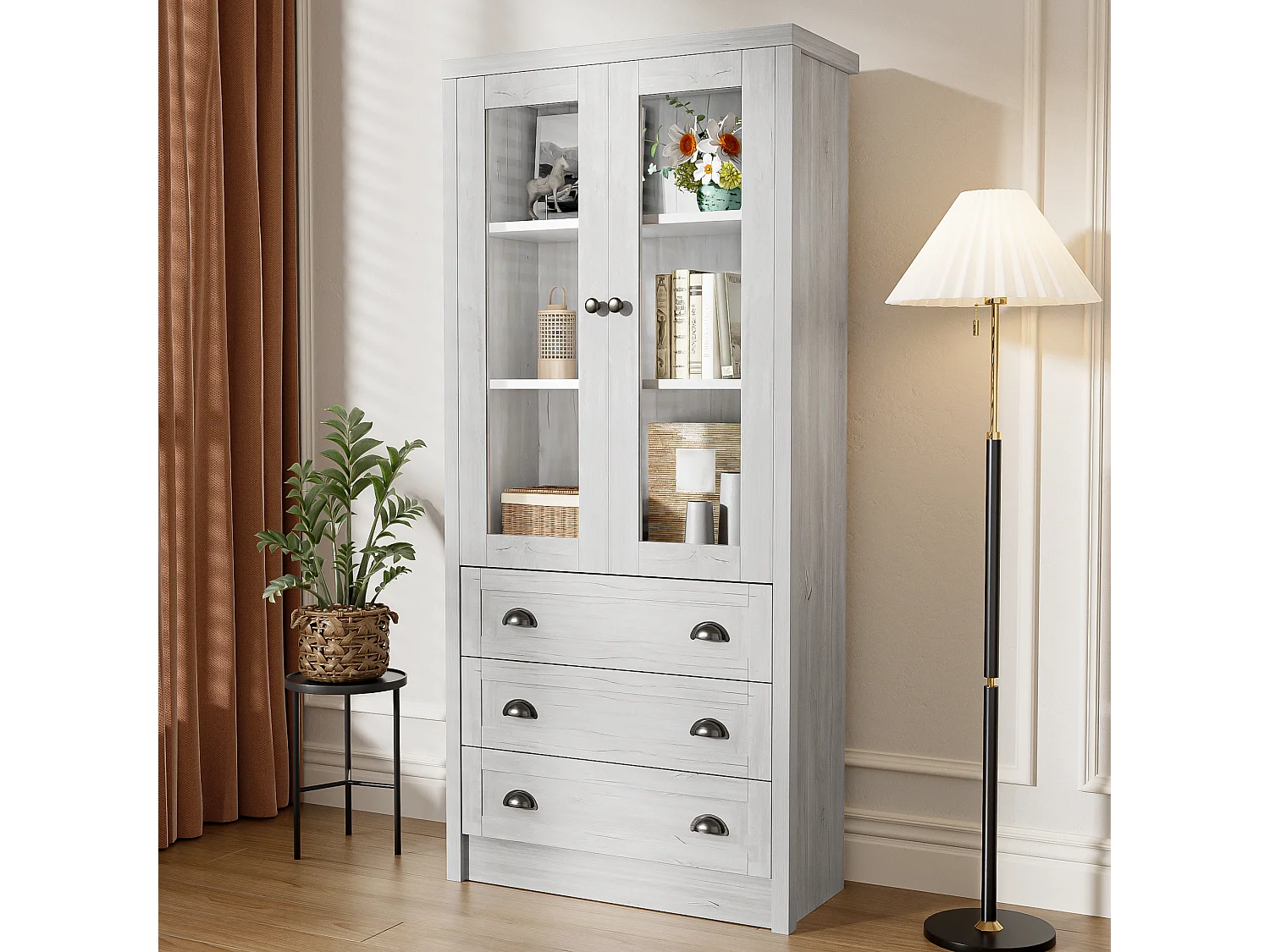 Aparador alto madera MDF almacenaje con puertas cristal 3 cajones salón despacho 80x34x171 cm