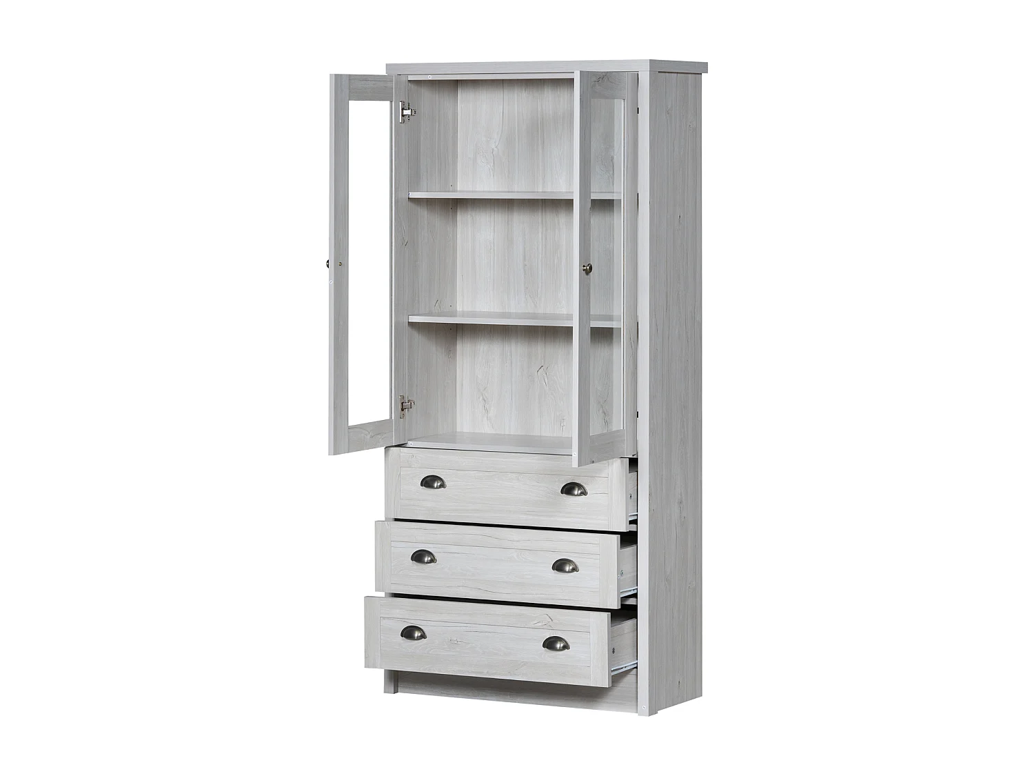 Aparador alto madera MDF almacenaje con puertas cristal 3 cajones salón despacho 80x34x171 cm