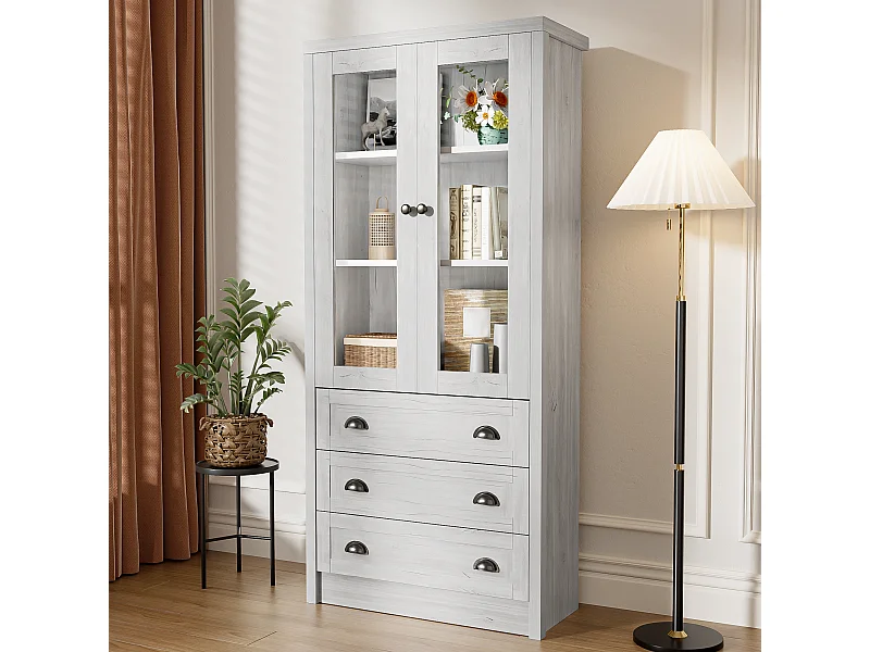 Aparador alto madera MDF almacenaje con puertas cristal 3 cajones salón despacho 80x34x171 cm