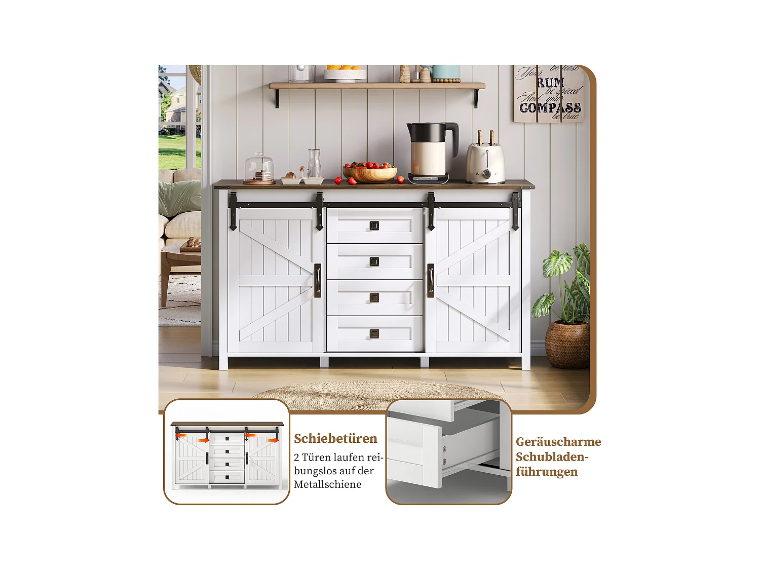 Aparador em MDF 137 cm com portas de correr e 4 gavetas, estilo vintage, para cozinha, sala, branco