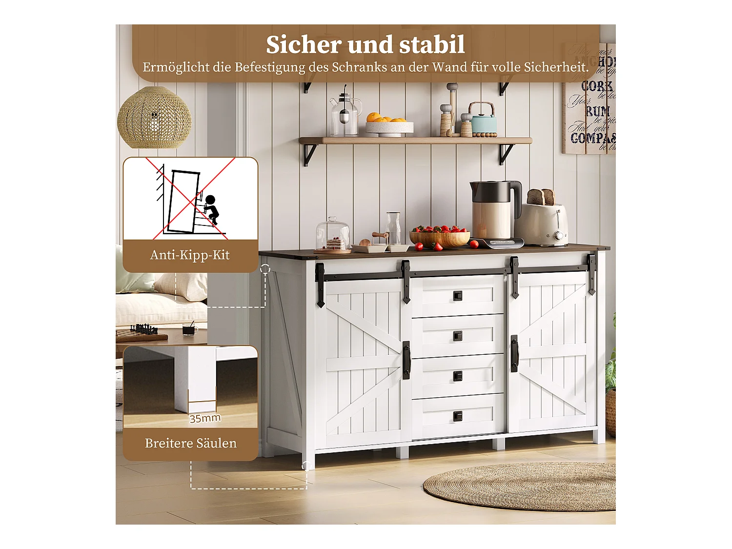 Aparador em MDF 137 cm com portas de correr e 4 gavetas, estilo vintage, para cozinha, sala, branco